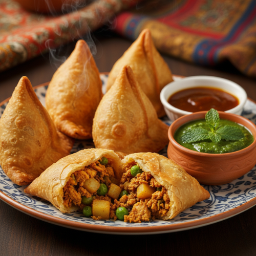 Golden crispy chicken samosas on a plate, served with chutney, filling visible inside.