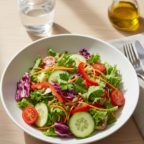 Fresh mixed salad in a white bowl with lettuce, tomatoes, cucumbers, and carrots, colorful and vibrant.